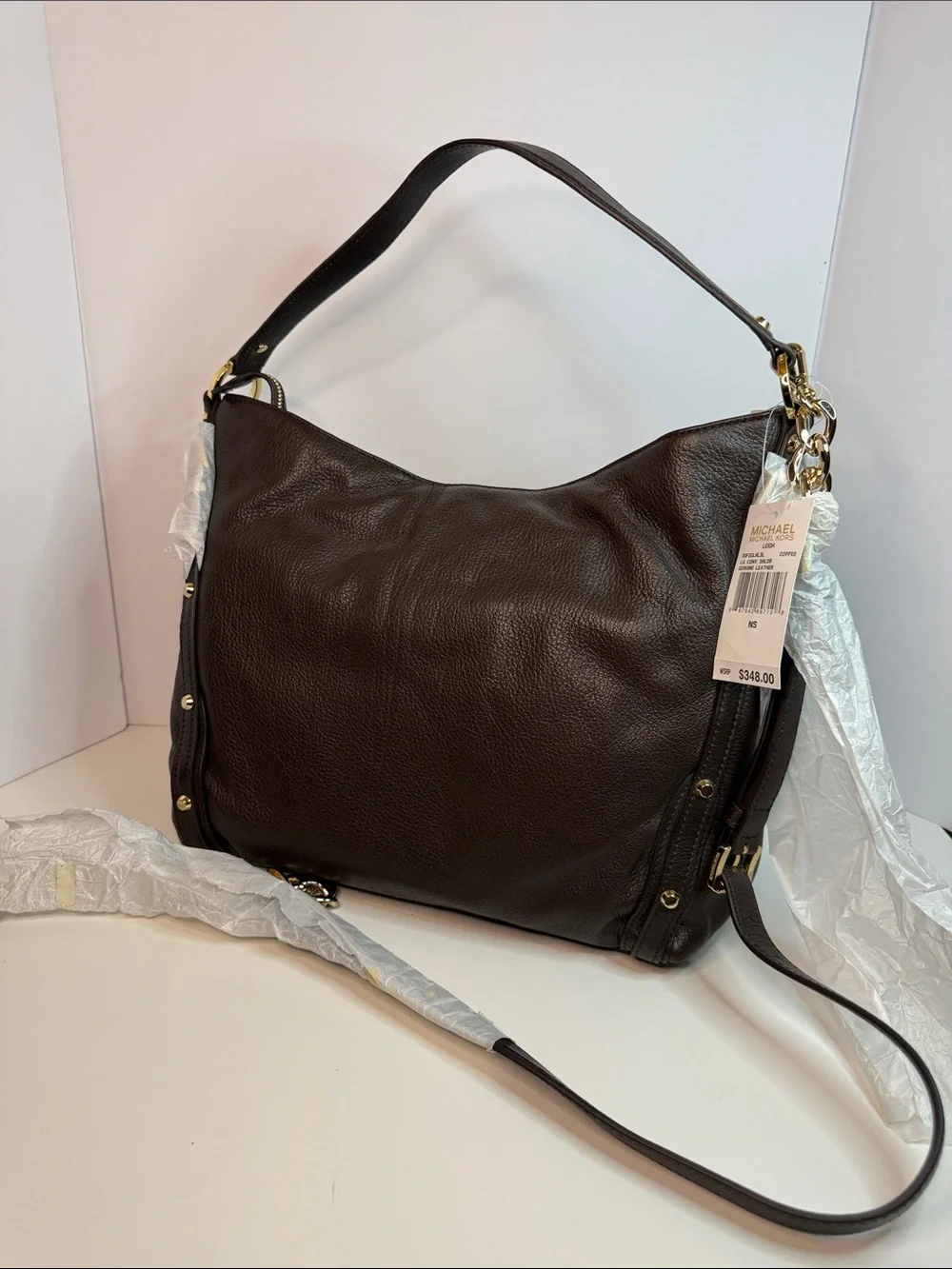 Michael Kors Dark Leigh Large Coffee Leather Convertible Shoulder Bag